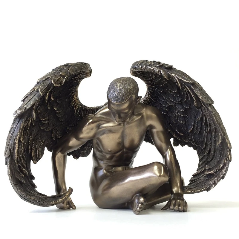 Winged Male Nude Angel Sitting Figurine Statue Sculpture - Image 1