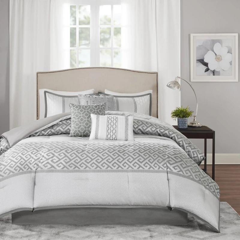 Madison Park All Season Down Alternative Bedding, Matching Bedskirt, Decorative Pillows, Polyester, Geometric Grey, Queen