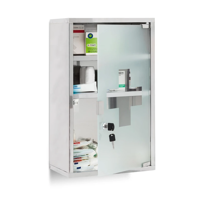Relaxdays EMERGENCY Medicine Cabinet XL, Stainless Steel, 50.5 x 30 x 18 cm with 3 Shelves And Glass-Door, Lockable With 2 Keys, Silver
