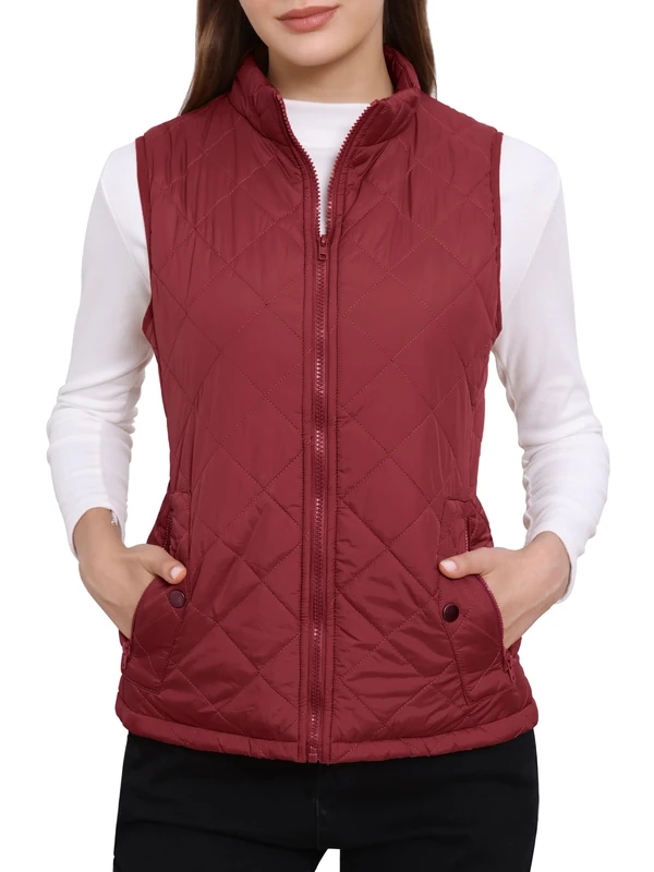 Allegra K Women's Body Warmer Stand Collar Lightweight Quilted Zip Jacket Gilet Wine Red XS