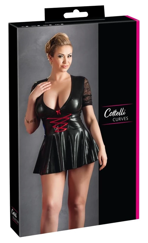 COTTELLI Curves Women's Lacquer Dress Seductive Mini Dress V Neck Cross Lace Sleeve Black Red