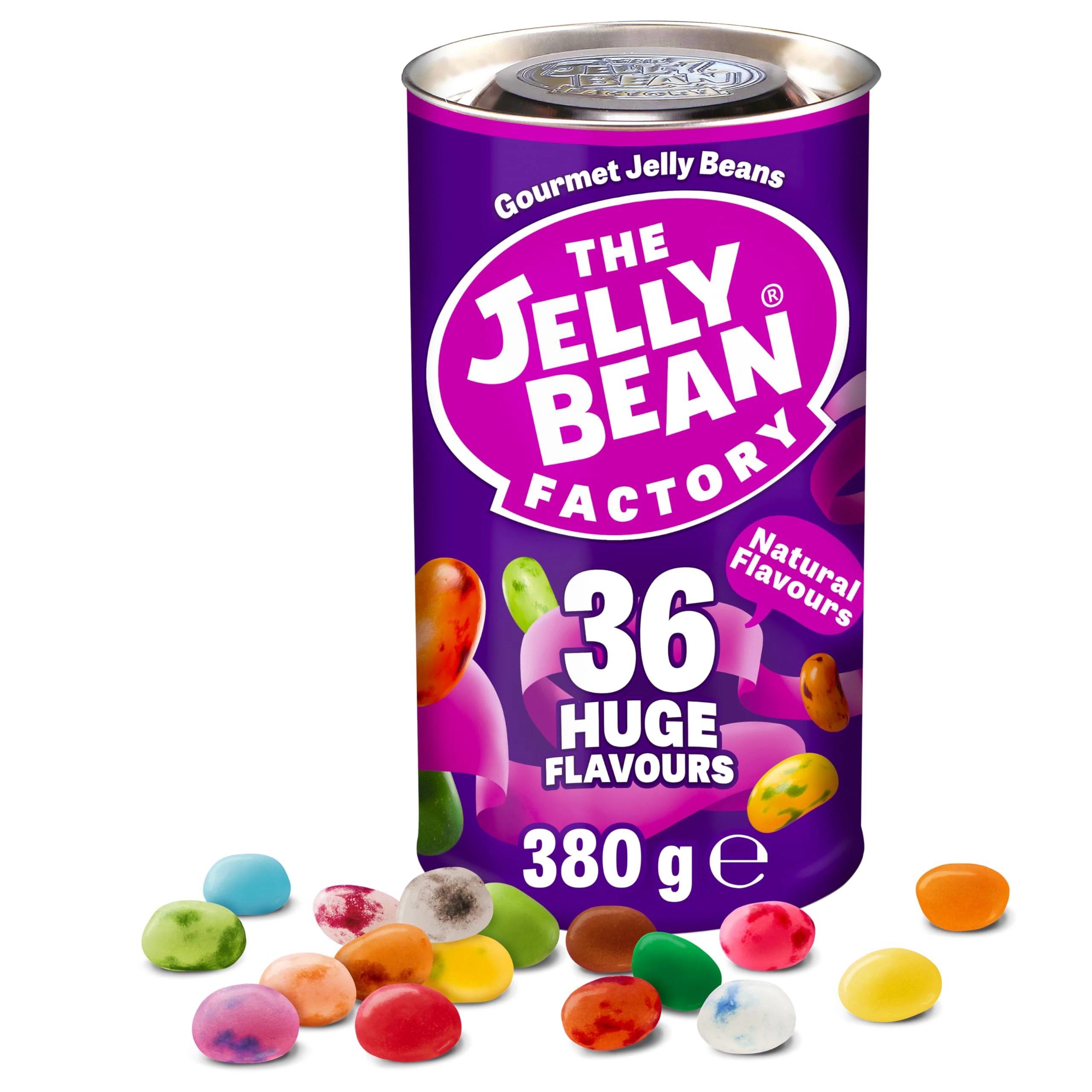 The Jelly Bean Factory, Gourmet Jelly Beans 380 g Can - 36 Natural, Real Jelly Fruit Flavours, Retro American Sweets, Chewy Jelly Sweets for Kids, Adults - Bulk Pick & Mix Jelly Beans Gift Christmas