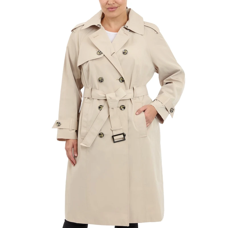 London Fog Women's Double-Breasted 3/4 Length Belted Trench Coat Trenchcoat, Stone, XL