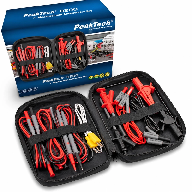 PeakTech 8200 - Measuring Accessory Set for Digital Multimeter, Test Cables, Laboratory Cables, Tapping Clamps, Alligator Clips, Flexible and Non-slip Plastic - 14 Pieces, Bag Included - Image 1