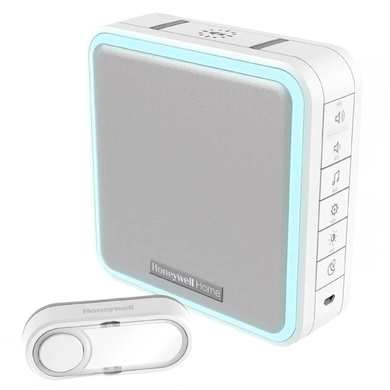 Honeywell Home Wireless Doorbell - Battery Operated with Halo Light, Sleep Mode & 200m Range - Horizontal Compact Portable Doorbell with LED Alerts with ActivLink® - White (DC915N)