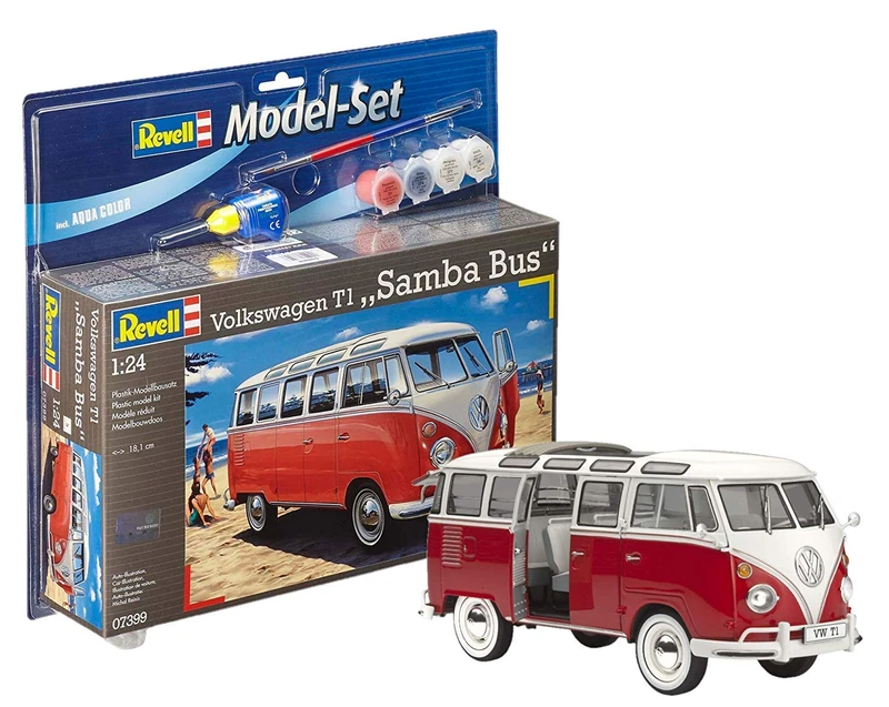 Revell Model Set 67399 Volkswagen T1 SAMBA BUS 1:24 Scale Unbuilt/Unpainted Plastic Model Kit with Contacta Professional Glue, Paintbrush & Selected Aqua Color Paints