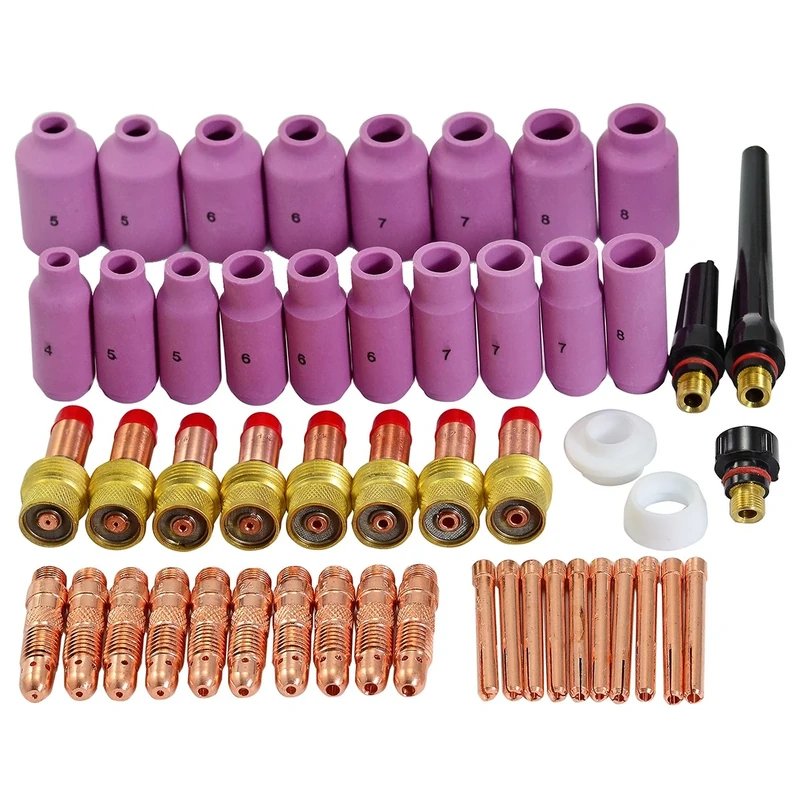 RIVERWELD TIG Gas Lens Collet Bodies 45V 10N Alumina Nozzle Ceramic Cups 10N 54N Large Diameter TIG Back caps 57Y Series Assort Size Kit Fit QQ300 PTA DB SR WP 17 18 26 TIG Welding Torch 51pcs