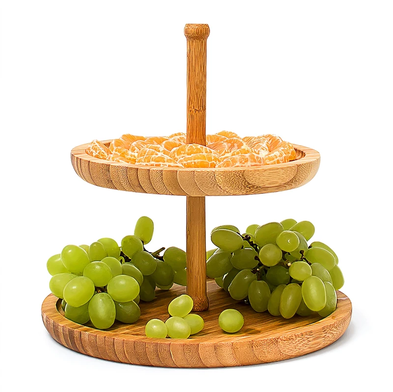 Relaxdays Bamboo Etagere 25 cm x 25 cm Fruit Etagere Wooden With 2 Round Plates For Snacks, Sweets, Baked Goods, Nuts, Etc, Fruit Serving Tray Serving Plate Afternoon Tea Stand 2-Tier, Natural