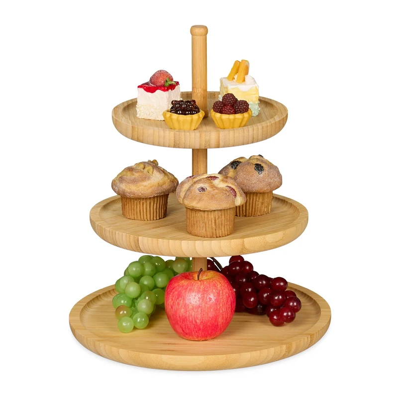 Relaxdays Bamboo Etagere: 37 cm x 30 cm Fruit Etagere Wooden With 3 Round Plates For Cookies, Sweets, Baked Goods, Party-Snacks, Nuts And More, Fruit Plate Serving Dish Tray Platter, Natural