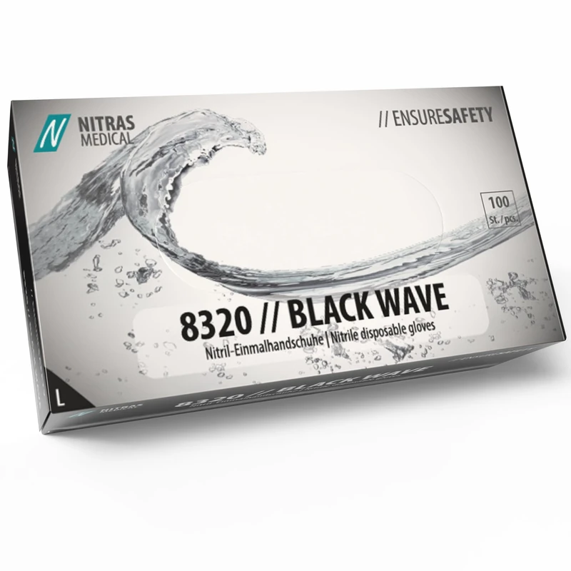 Nitras Medical 8320 Black Wave Nitrile Disposable Gloves, Black, Size L. Pack of 100