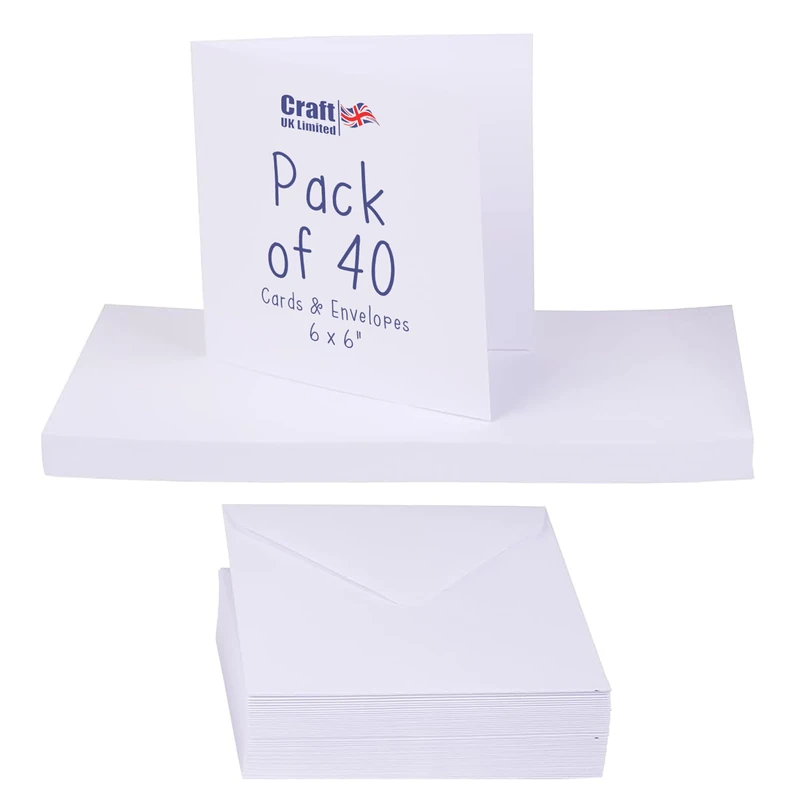 Craft UK, 40 Blank Cards and Envelopes for Card Making, 300gsm, Made in the UK, Lasting Quality, White, 6 x 6-Inch