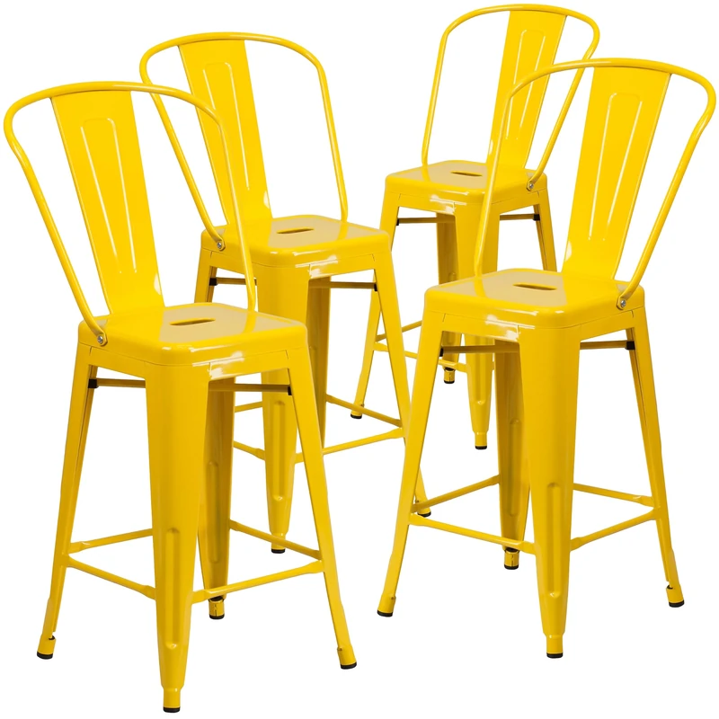 Flash Furniture Lily Commercial Grade 4 Pack 24" High Yellow Metal Indoor-Outdoor Counter Height Stool with Removable Back