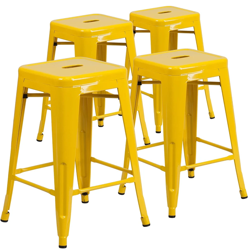 Flash Furniture Lily 4 Pack Commercial Grade 24" High Backless Yellow Metal Indoor-Outdoor Counter Height Stool with Square Seat