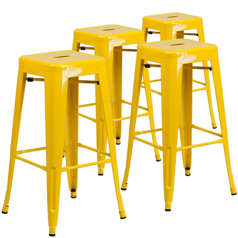 Flash Furniture Lily 4 Pack Commercial Grade 30" High Backless Yellow Metal Indoor-Outdoor Barstool with Square Seat