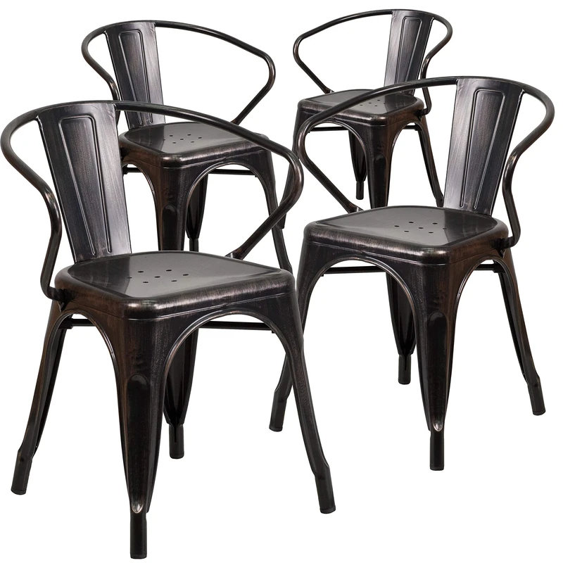 Flash Furniture Roy Commercial Grade 4 Pack Black-Antique Gold Metal Indoor-Outdoor Chair with Arms