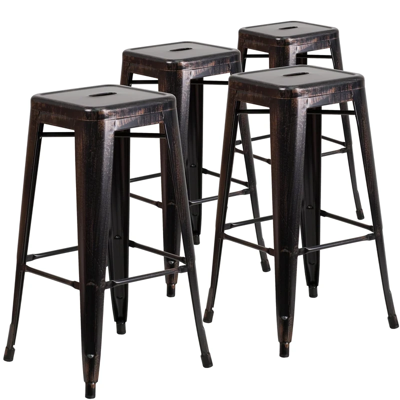 Flash Furniture Lily 4 Pack Commercial Grade 30" High Backless Black-Antique Gold Metal Indoor-Outdoor Barstool with Square Seat