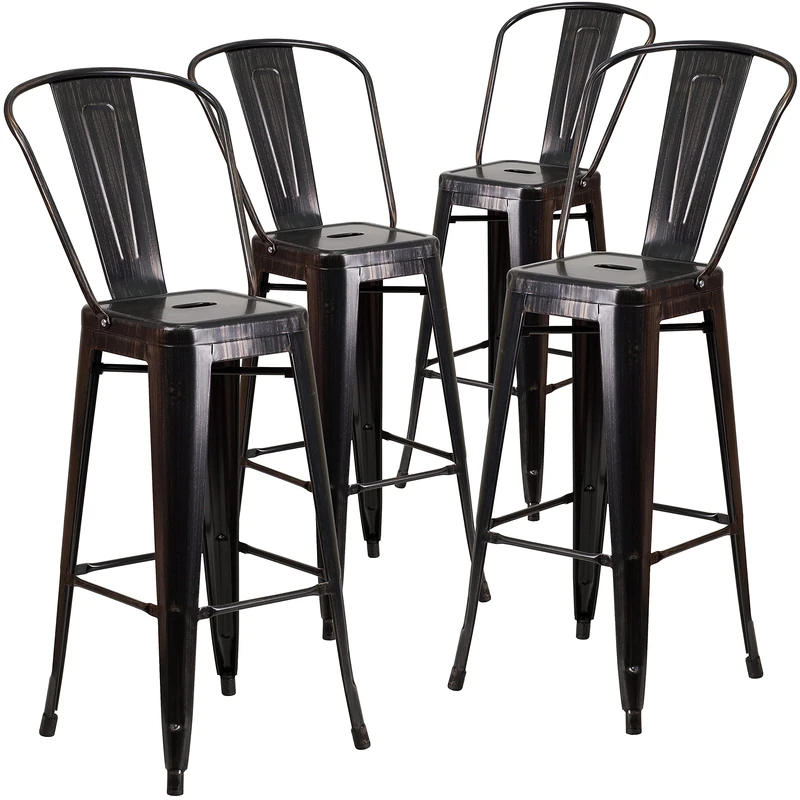 Flash Furniture Lily Commercial Grade 4 Pack 30" High Black-Antique Gold Metal Indoor-Outdoor Barstool with Removable Back