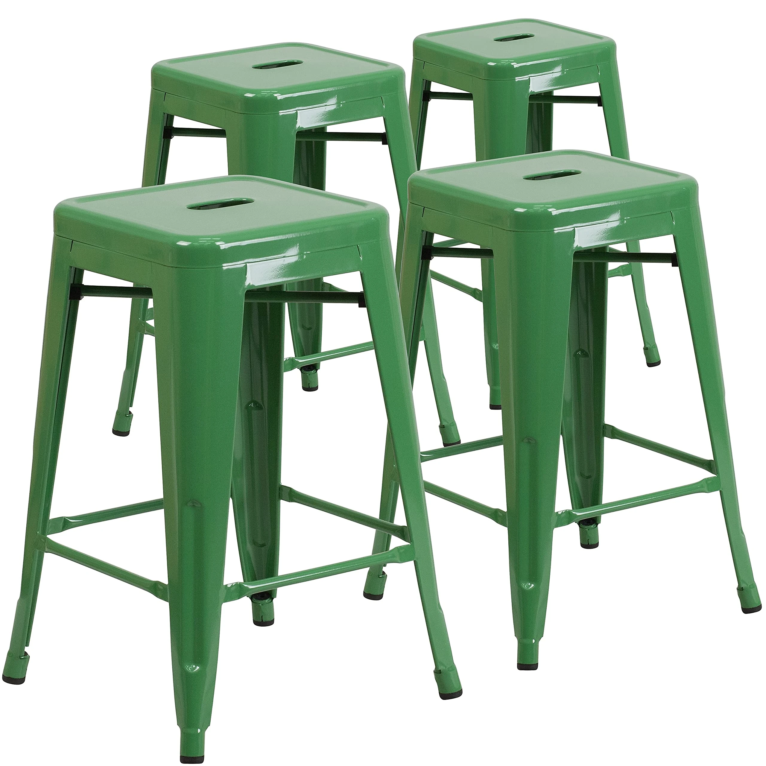 Flash Furniture Lily 4 Pack Commercial Grade 24" High Backless Green Metal Indoor-Outdoor Counter Height Stool with Square Seat