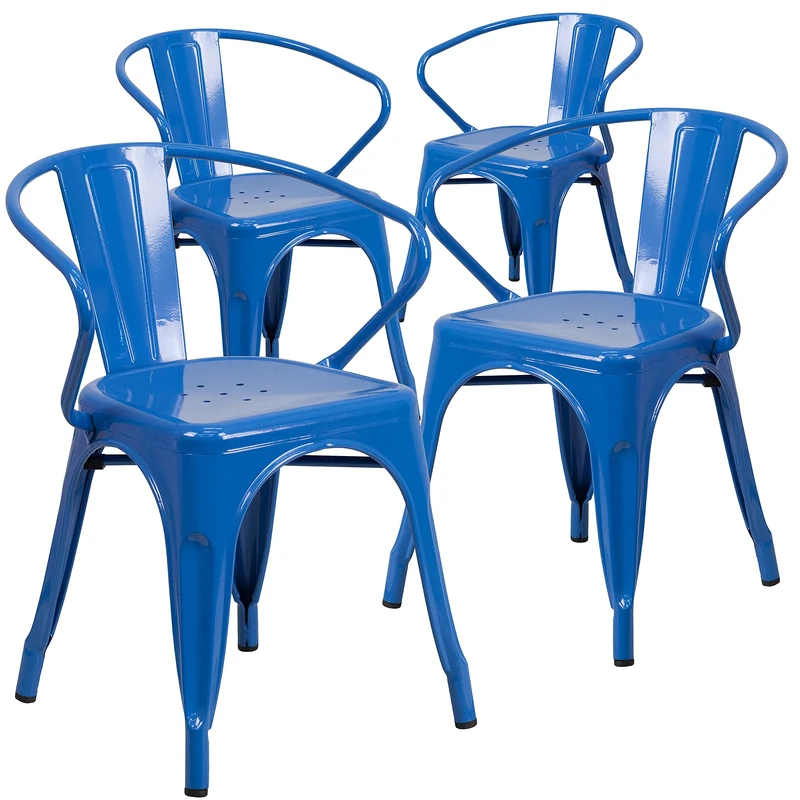 Flash Furniture Roy Commercial Grade 4 Pack Blue Metal Indoor-Outdoor Chair with Arms