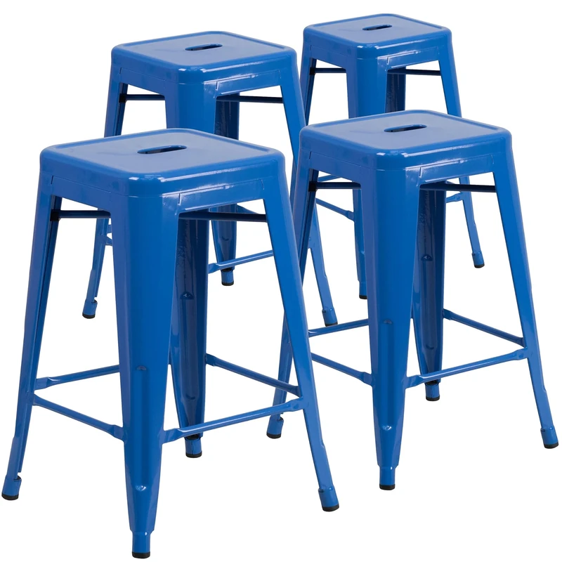 Flash Furniture Lily 4 Pack Commercial Grade 24" High Backless Blue Metal Indoor-Outdoor Counter Height Stool with Square Seat