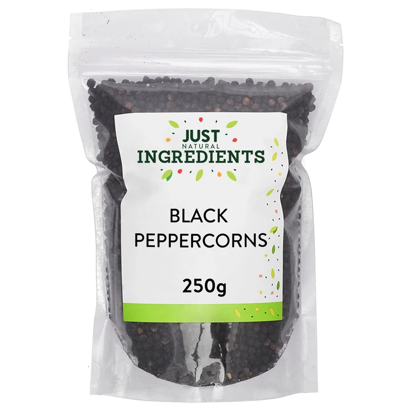 JustIngredients Black Peppercorns 250g, Coarse Cracked Black Pepper for Grinder Mill, Seasoning, Spice, Fresh Pepper for Cooking