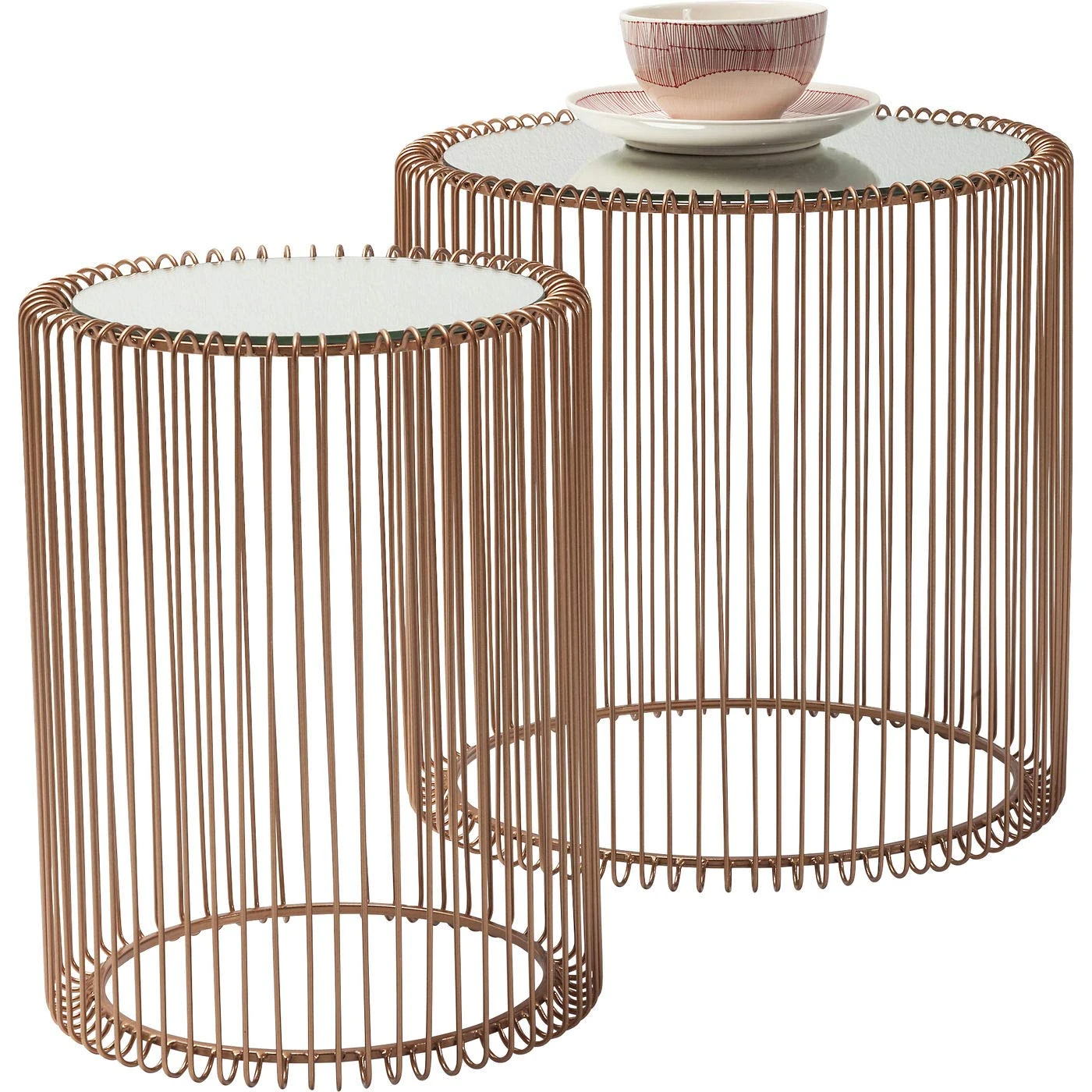 Kare Design Side Table Wire Copper, set of two, steel rack, safety glass tabletop, round, modern bed side table for bedroom, living room, office, Ø 44cm