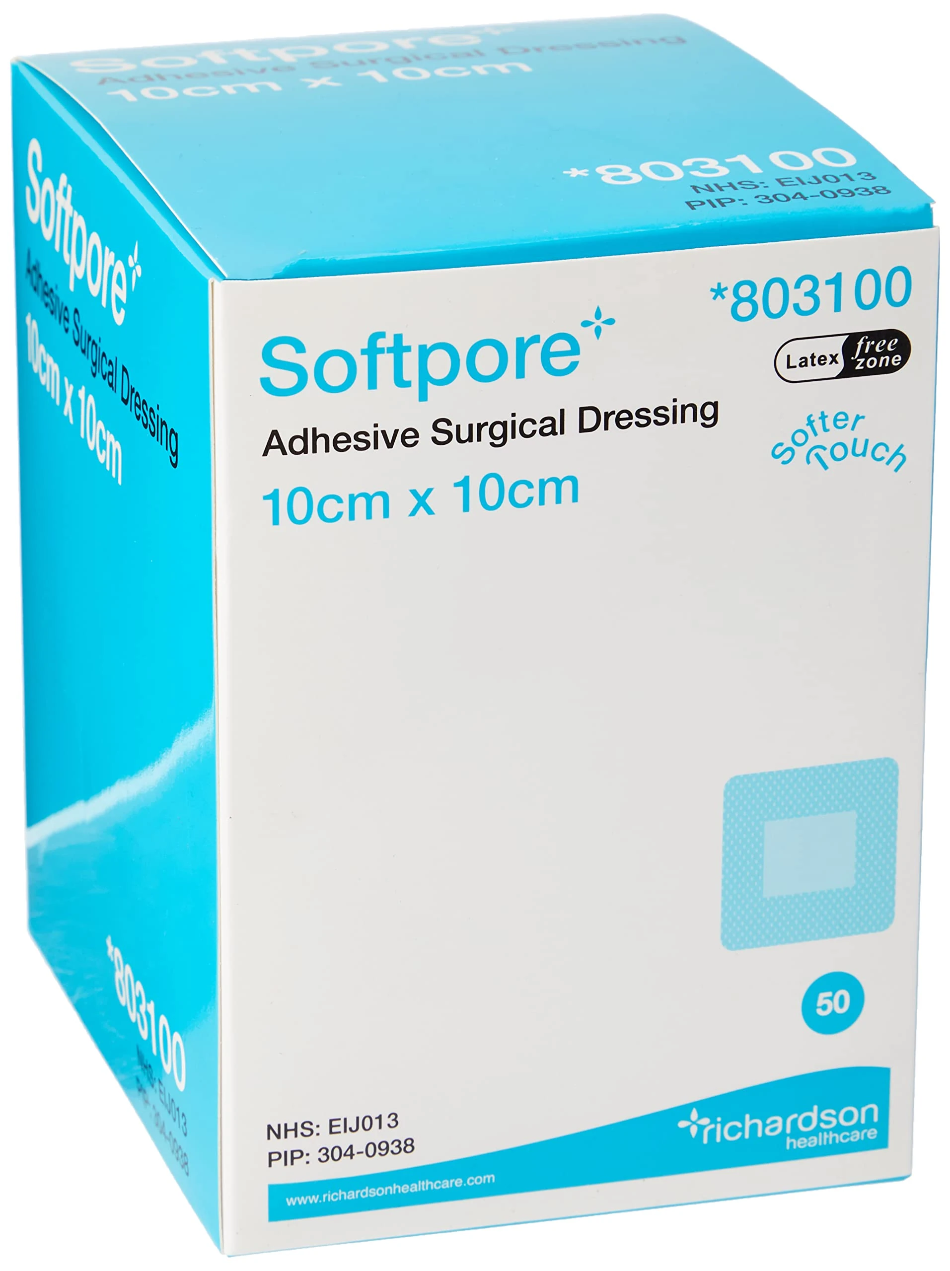 Softpore 99XX0047 Adhesive Surgical Dressing, 10cm x 10cm, Pack of 50