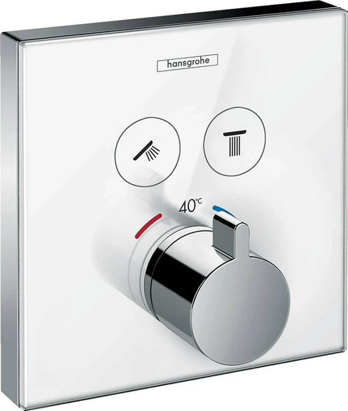hansgrohe ShowerSelect Glass - thermostat conceiled, bathroom tap with safety stop at 40 °C, thermostat square, mixer tap for 2 functions, white/chrom, 15738400