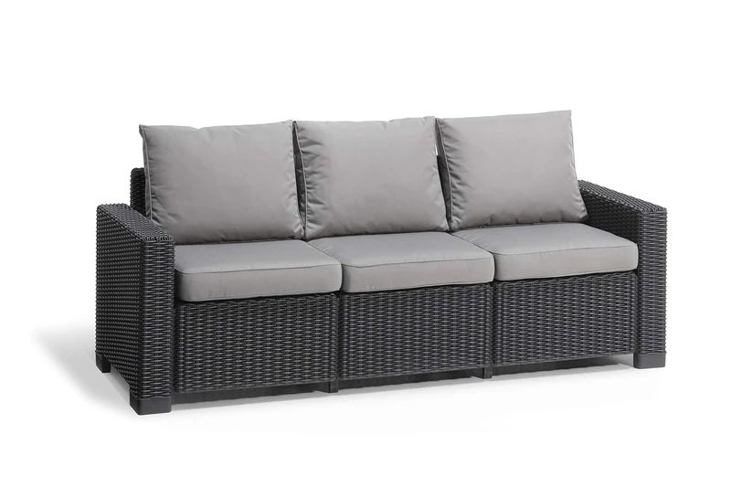 Allibert by Keter California 3 Seater Rattan Sofa Outdoor Garden Furniture- Graphite with Grey Cushions