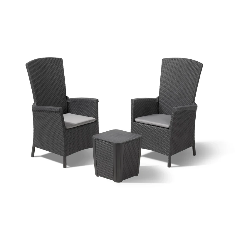Allibert by Keter Vermont Reclining Balcony Outdoor Garden Furniture Set, Graphite with Grey Cushions