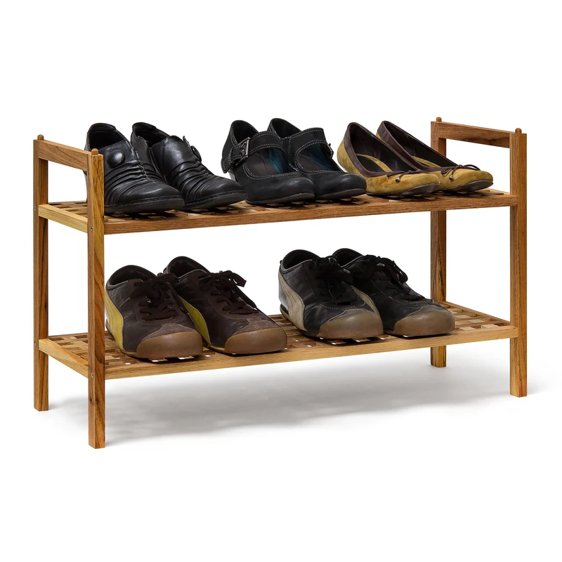 Relaxdays 2-tiered shoe rack, stackable shoe bench, made from walnut wood, two shelves for up to 6 pairs of shoes, brown