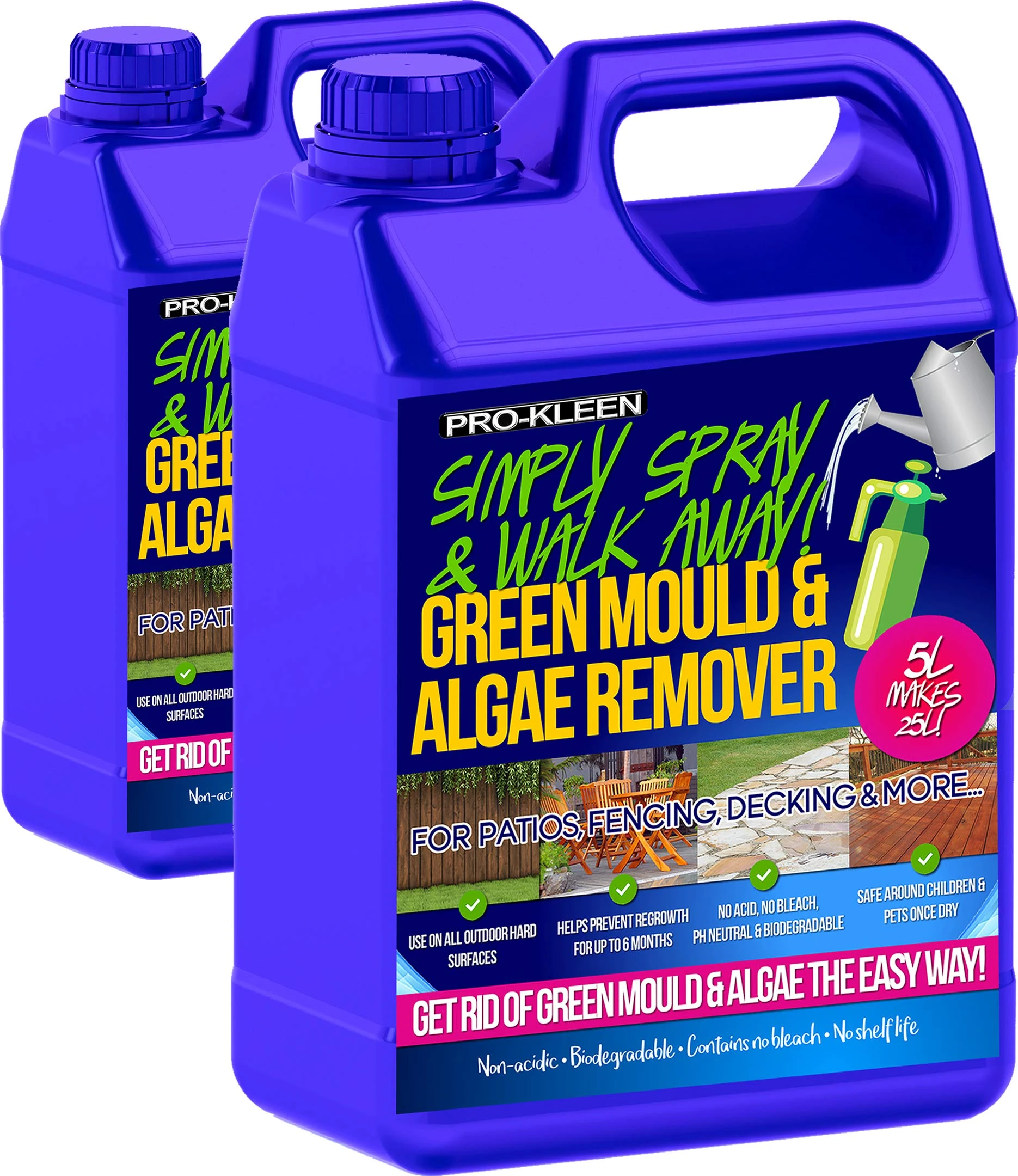 Pro-Kleen Patio Cleaner Simply Spray and Walk Away Green Mould and Algae Killer for Patios, Fencing and Decking 2 x 5 Litre Concentrate (Makes 50 Litres)