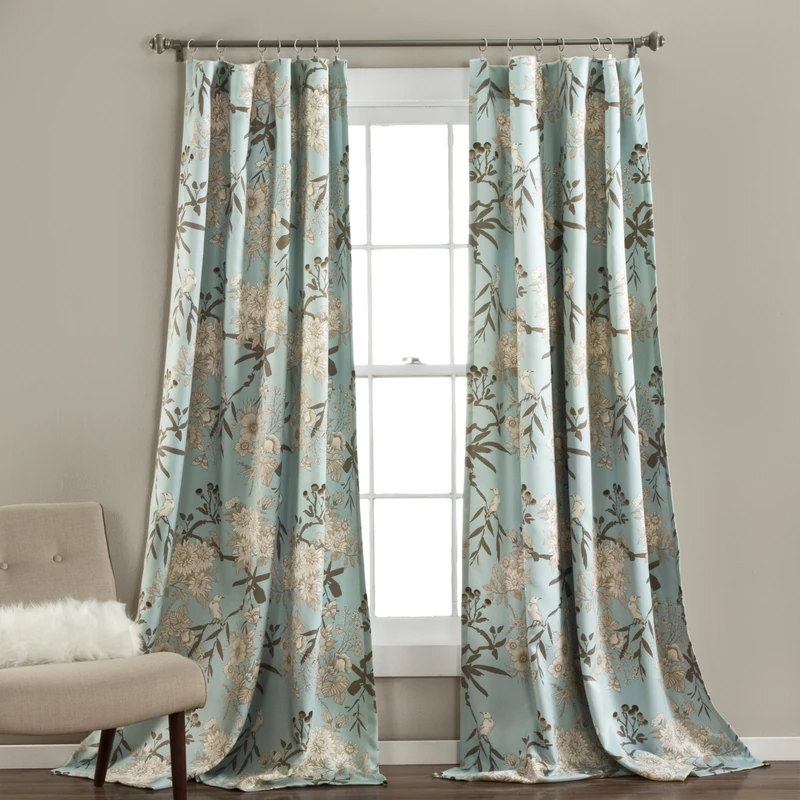 Lush Decor Botanical Garden Curtains Floral Bird Print Room Darkening Window Panel Drapes Set for Living, Dining, Bedroom (Pair), Blue, 52" W x 84L