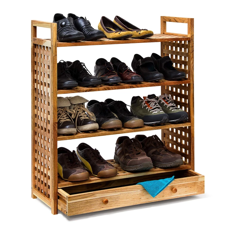 Relaxdays Walnut Shoe Shelf: 81 x 70 x 27 cm Shoe Storage Rack With Drawer & 4 Shelves For 3 Pairs of Shoes Each Wooden Shoe Closet With Handles And Pull-Out Drawer, Oiled, Natural