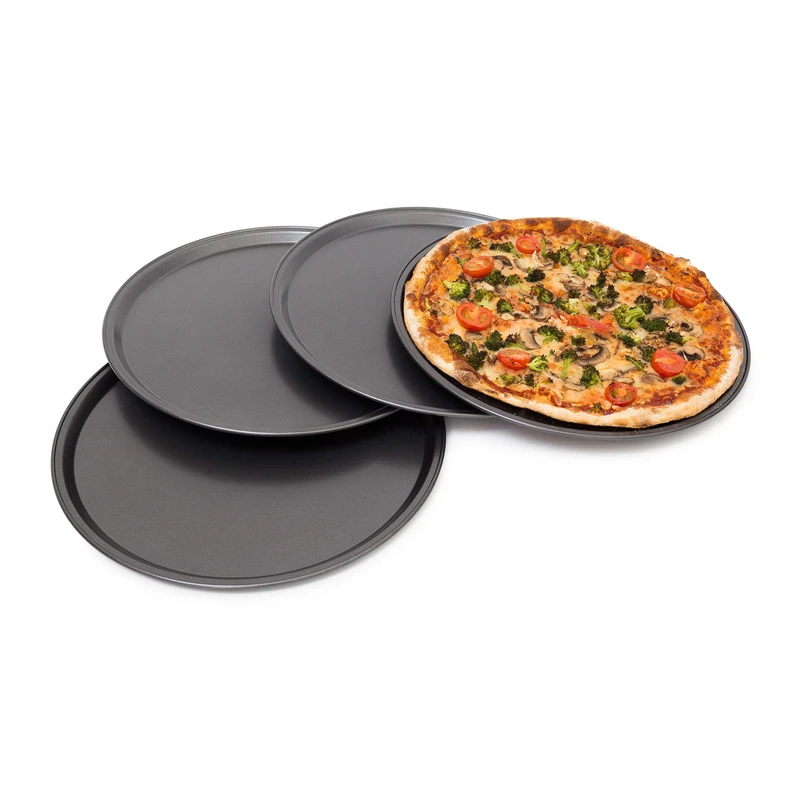 Relaxdays Round Pizza Baking Pan 33 cm 4-Piece Set Baking Plates With Non-Stick Coating For Pizzas And Tarte Flambee With Extra Large Diameter Pizza Baking Tray Made Of Carbon Steel, Grey