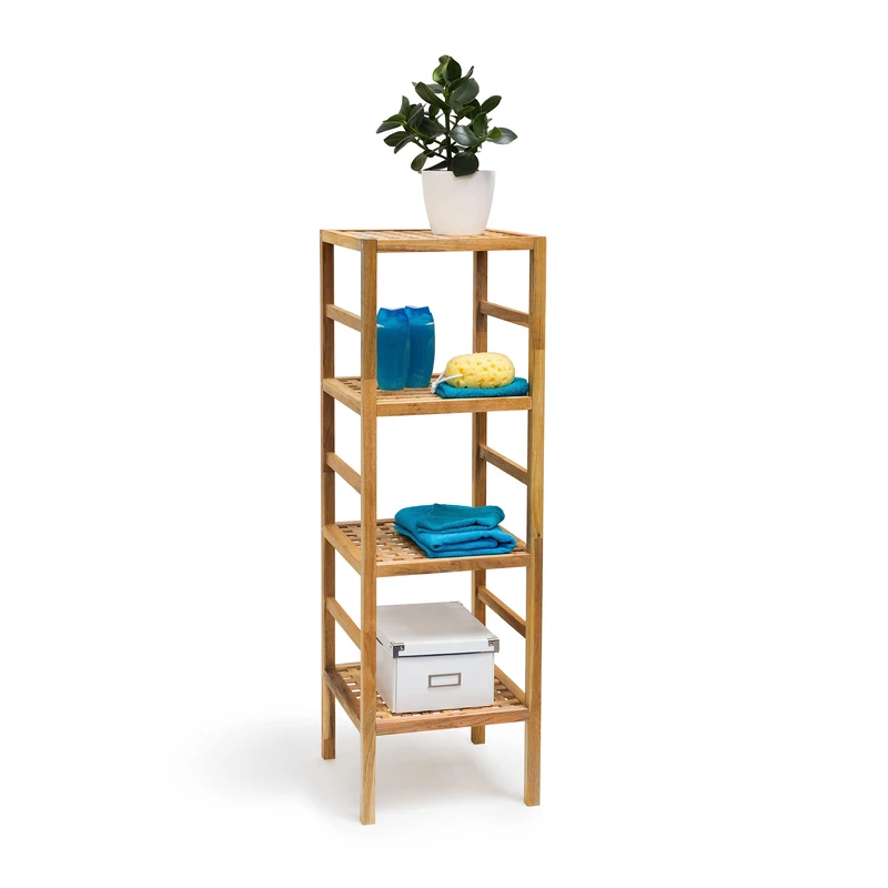 Relaxdays Bathroom Rack with 4 Shelves, Free-Standing, 117 x 35.5 x 35.5 cm, Walnut Wood, Shelving Unit, Brown