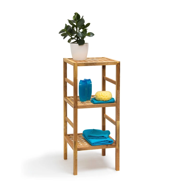 Relaxdays Bathroom Rack with 3 Shelves, Free-Standing, 85 x 35.5 x 35.5 cm, Walnut Wood, Shelving Unit, Brown