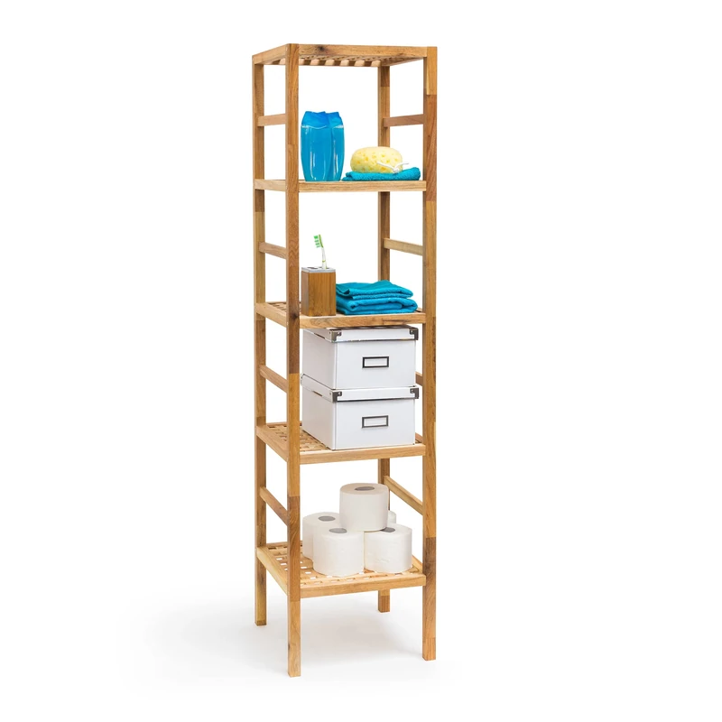 Relaxdays Bathroom Rack with 5 Shelves, Free-Standing, 150 x 35.5 x 35.5 cm, Walnut Wood, Shelving Unit, Brown