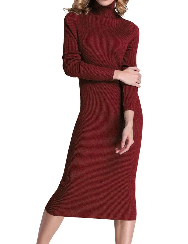 Rocorose Women's Turtleneck Ribbed Elbow Long Sleeve Knit Sweater Dress, Red, Medium - Image 1