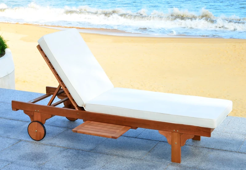 Safavieh Wooden Outdoor Lounge Chair with Adjustable Back with Adjustable Side Table, in Natural and Blue