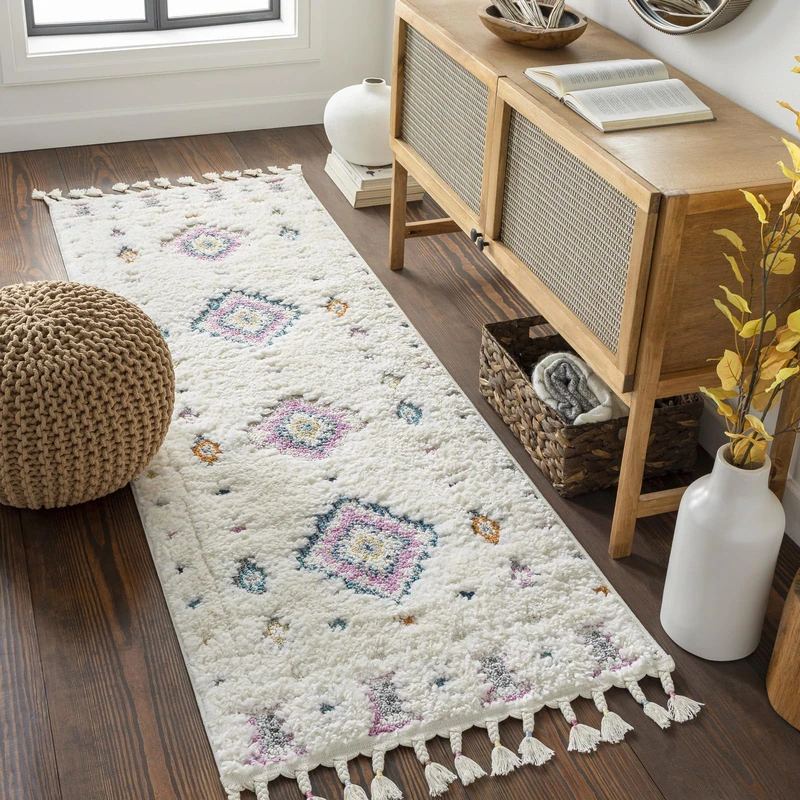 Livabliss Suva Geometric Rug, Scandi Runner Rugs Living Room 80x220 cm, Hallway, Kitchen, Neutral, Patterned Carpet Runners, Boho Style, Easy Care, Large Rug, Cream, Blue and Lavender