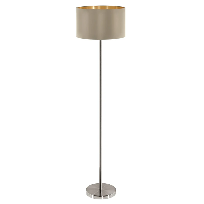 Eglo Maserlo Floor Lamp, Nickel Matt Steel, Golden and Taupe Coloured Fabric Standing Light, Living Room Lighting, Incl. Foot Switch, E27 Socket