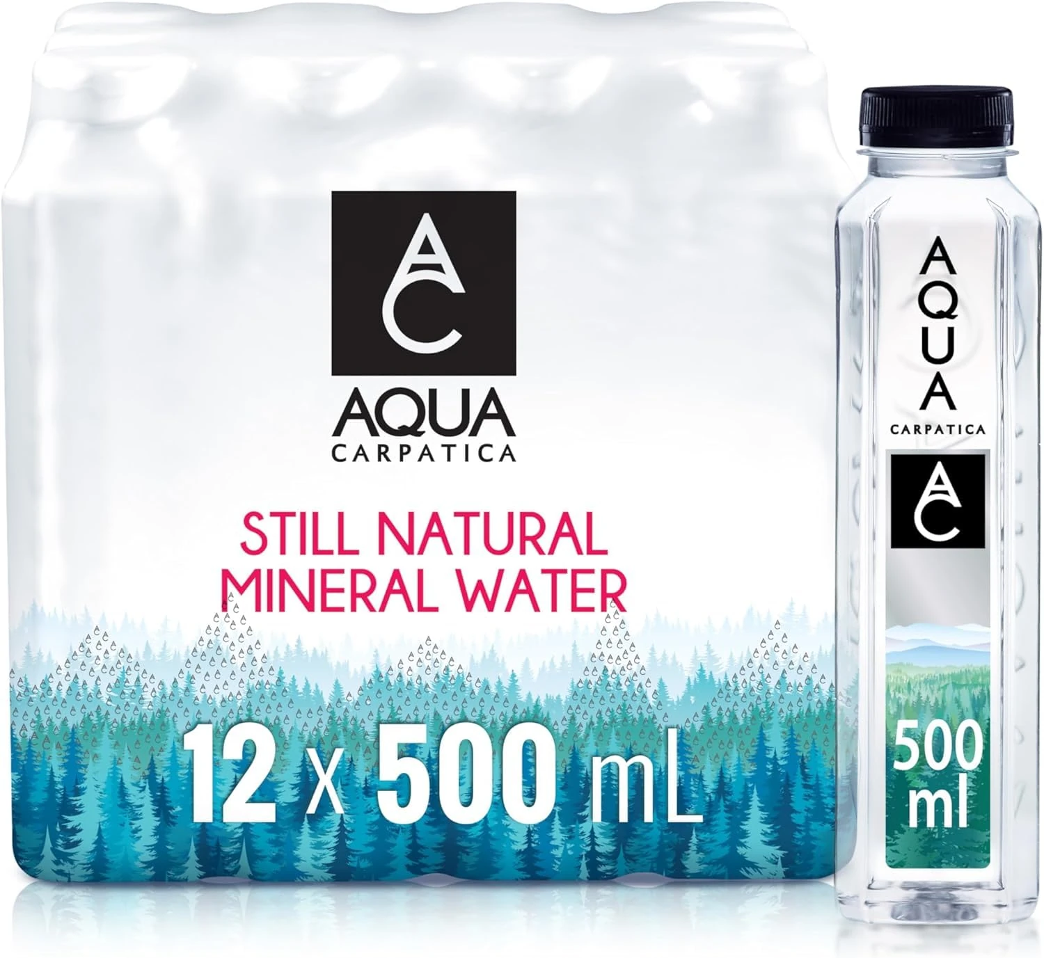 AQUA Carpatica 500ml x 12 Pure Natural Still Mineral Water - 12-Pack Bottled Water, Virtually Nitrate Free, Low Sodium, Naturally Alkaline, Natural Electrolytes, Premium Multipack 100% Recyclable