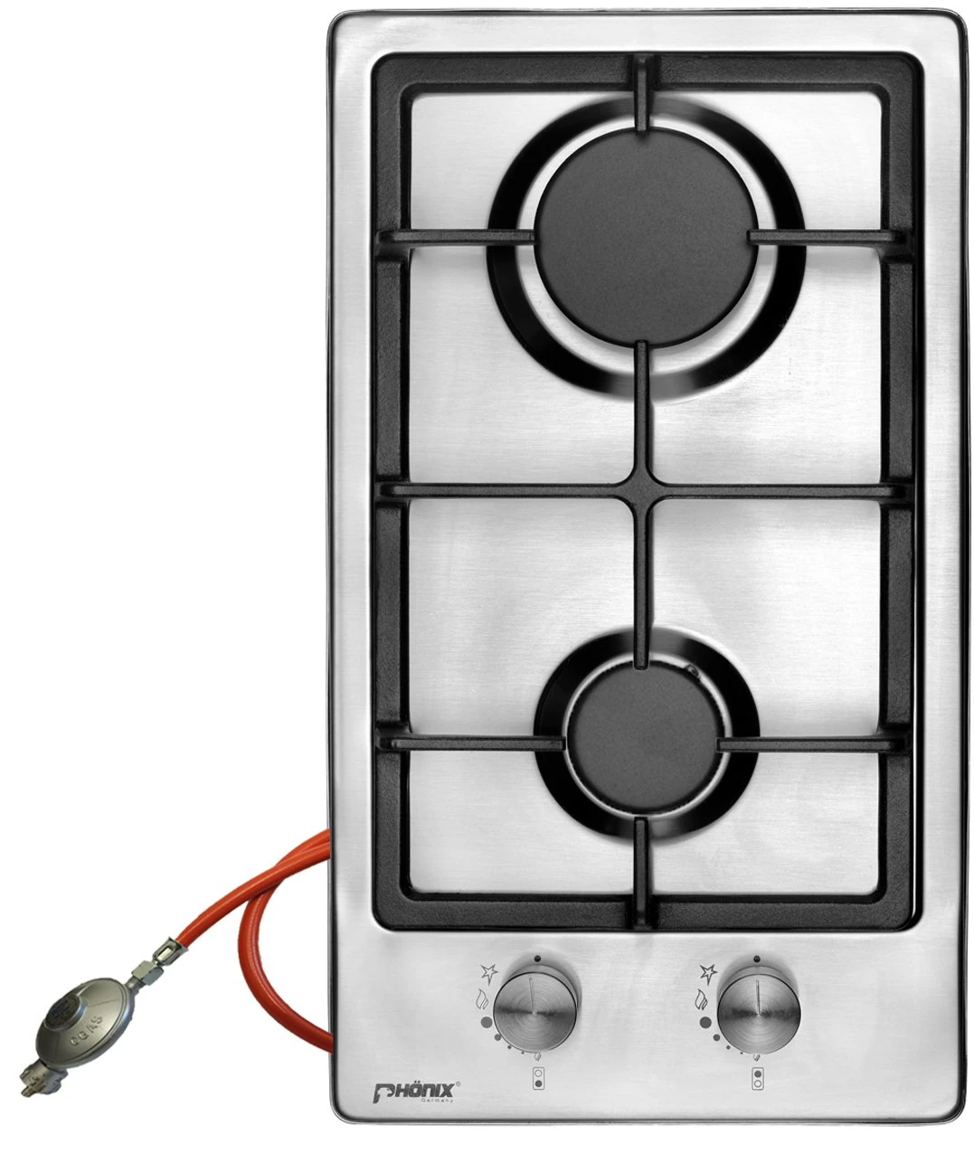 Phoenix Domino Gas Hob Built-In Hob Stainless Steel Gas Stove 2 Bulbs Inox Autark Camping Stove Propane Gas / Natural Gas Including Gas Hose Regulator Set