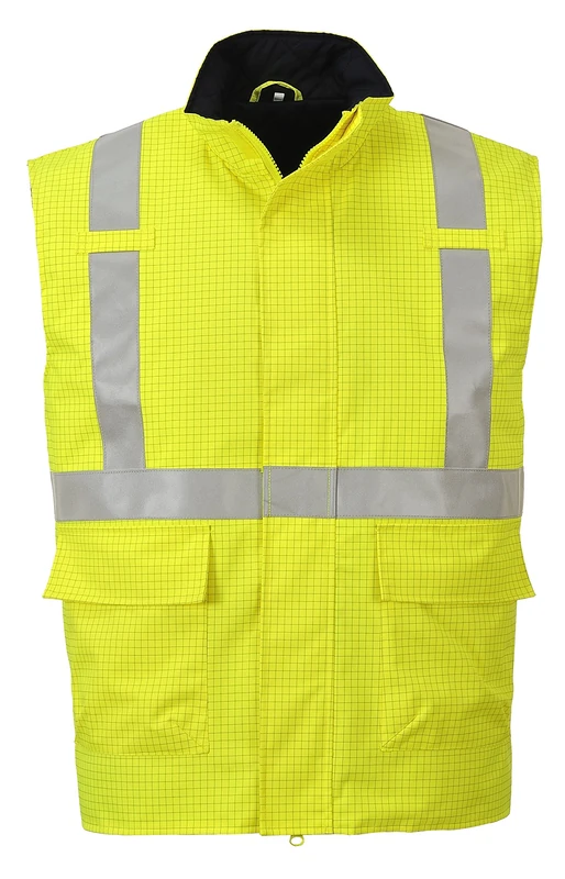 Portwest S776 Bizflame Rain Hi-Vis FR Bodywarmer Flame-Resistant Chemical-Resistant Anti-Static Waterproof Taped Seams Reflective Tape Quilted Lining Workwear, Yellow, L