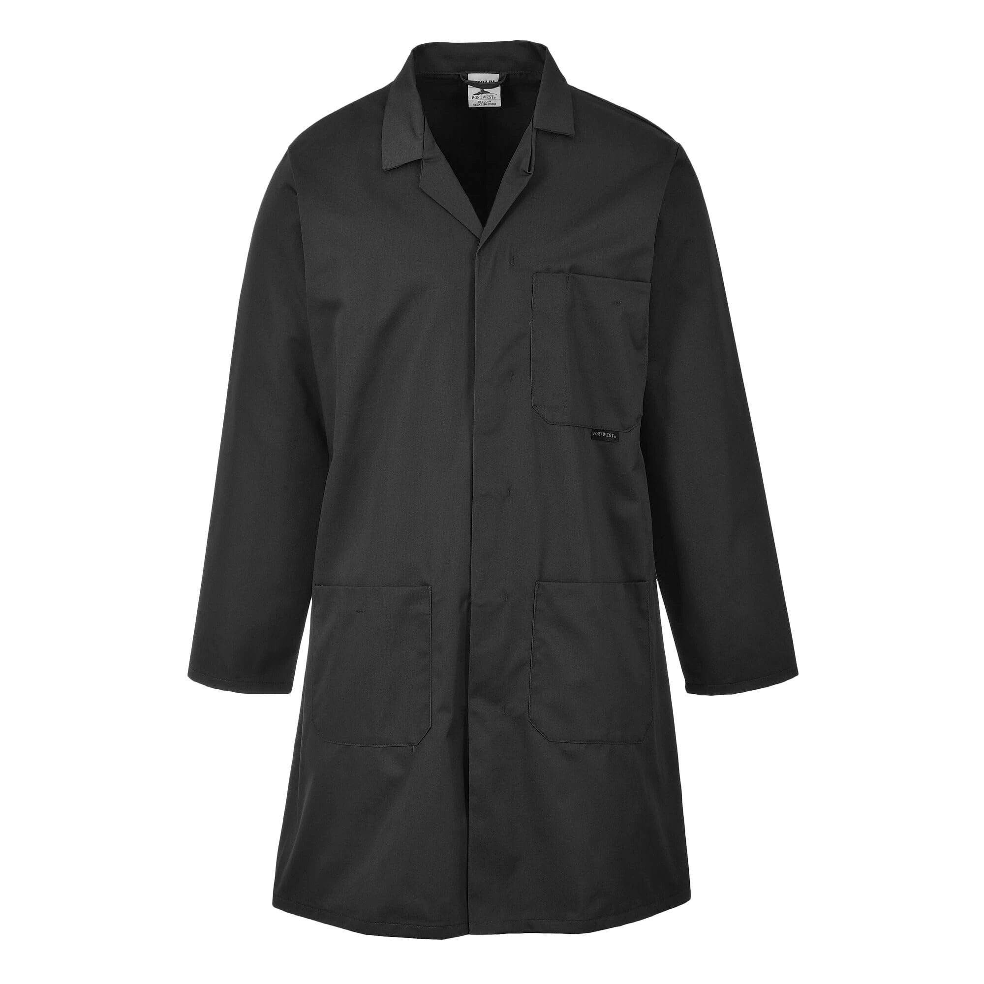 Portwest 2852 Standard Lab Coat Kingsmill Polycotton Professional Protective Workwear Concealed Stud 3 Pocket Storage Durable Comfortable Non-Shrinking, Black, L