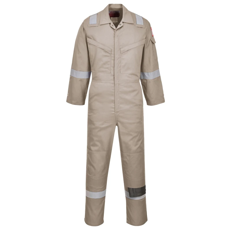 Portwest FR21 Men's Bizflame FR Lightweight Fireproof Coverall Flame Resistant Overall Anti-Static Welding Safety Boiler Suit 100% Cotton Reflective Knee Pad Pockets, Khaki, M