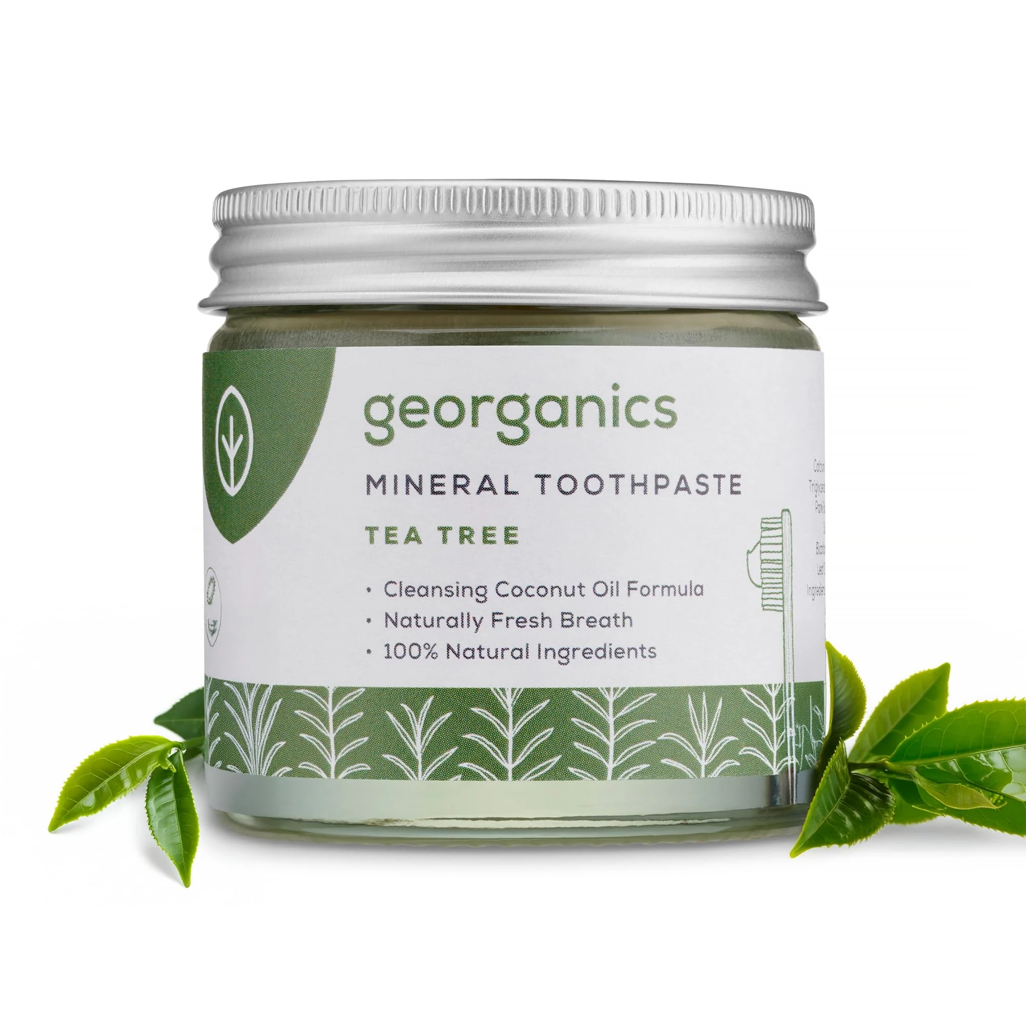 Georganics Mineral Toothpaste - 60ml - Tea Tree Flavour - Fluoride, SLS & Glycerine Free - Non-Foaming Natural Toothpaste with Virgin Coconut Oil - Certified Cosmos Natural, Vegan and Cruelty-Free