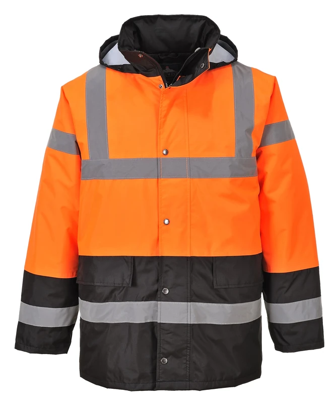 Portwest S467 Men's Hi Vis Contrast Winter Traffic Jacket EN342 CE Certified Waterproof Quilt Lined Storm Flap Reflective Tape Hood Safety Coat, Orange/Black, XXL