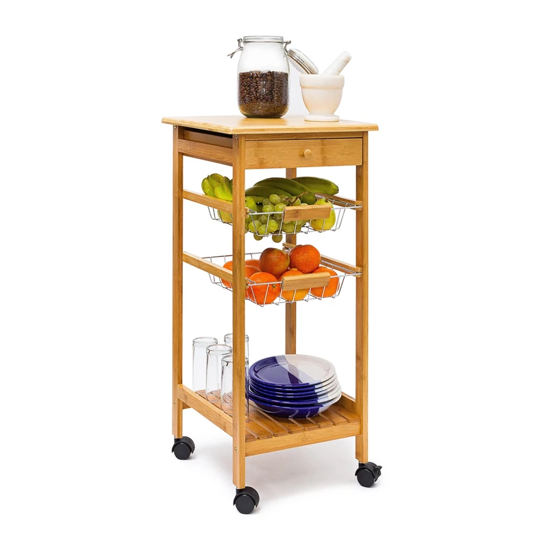 Relaxdays James Kitchen Island Serving Cart with Drawer and 2 Metal Baskets, Bamboo, Brown, 80.5 x 37 x 37 cm